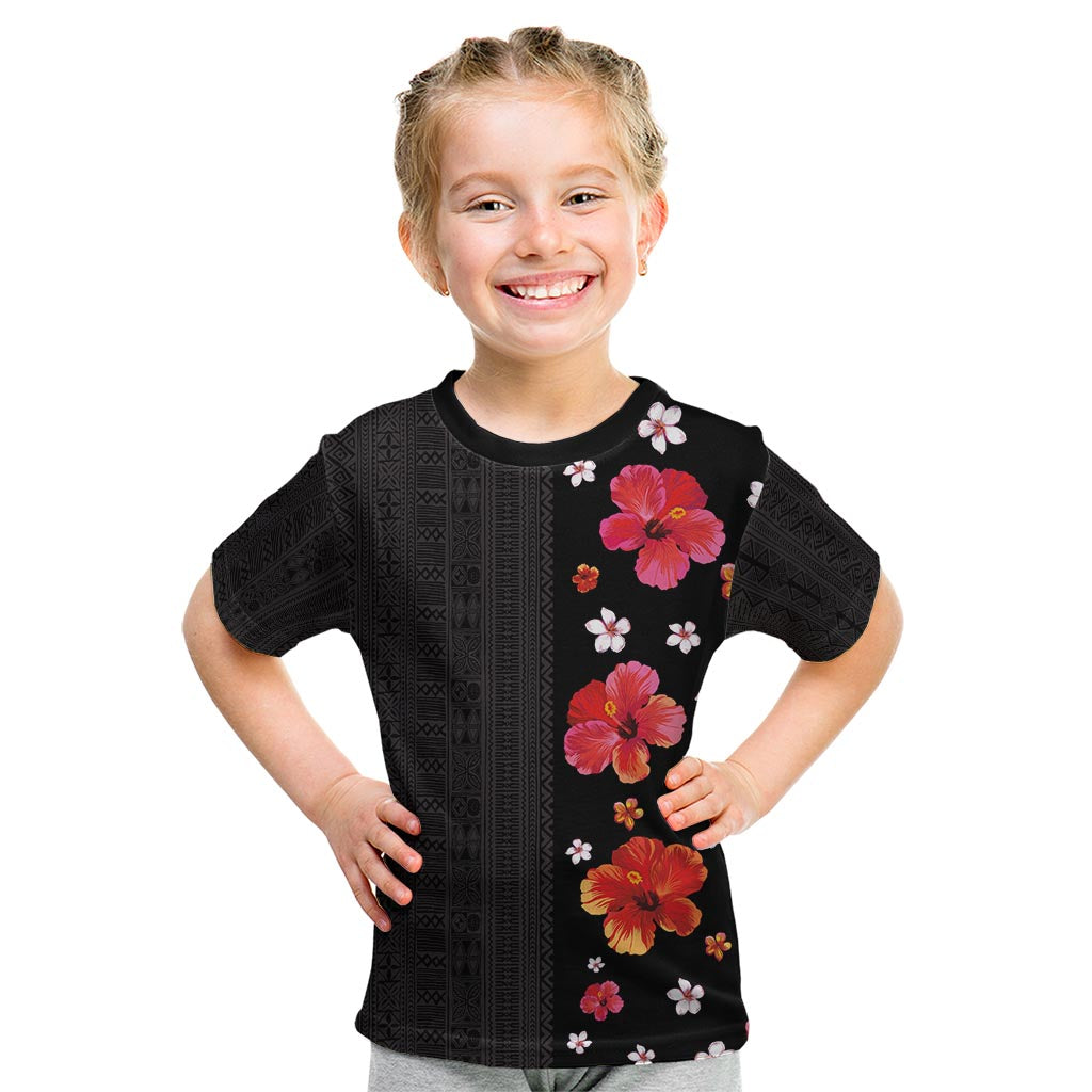Hawaii Hibiscus and Plumeria Flowers Kid T Shirt Tapa Tribal Pattern Half Style Colorful Mode LT03 Black - Polynesian Pride