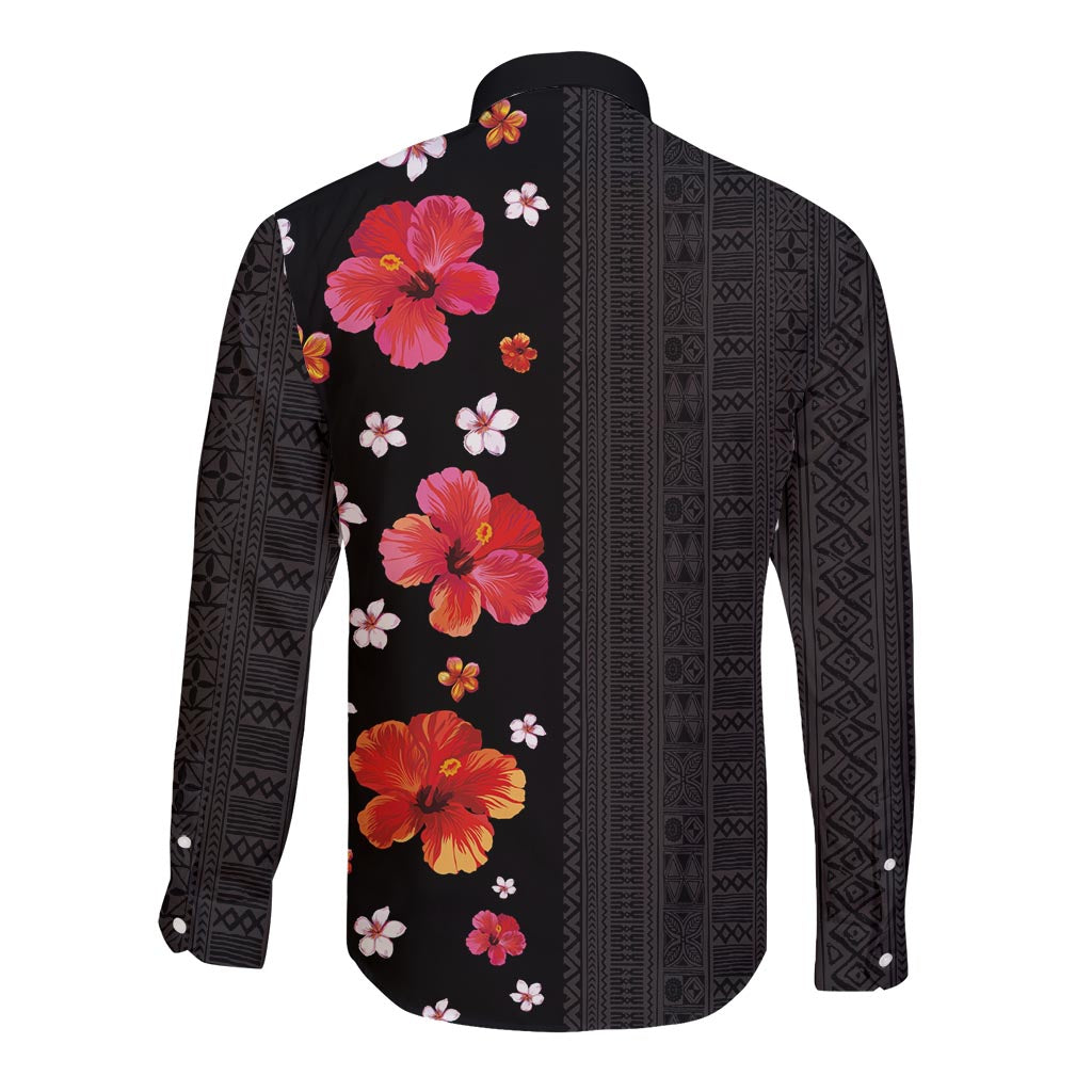 Hawaii Hibiscus and Plumeria Flowers Long Sleeve Button Shirt Tapa Tribal Pattern Half Style Colorful Mode