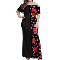 Hawaii Hibiscus and Plumeria Flowers Off Shoulder Maxi Dress Tapa Tribal Pattern Half Style Colorful Mode