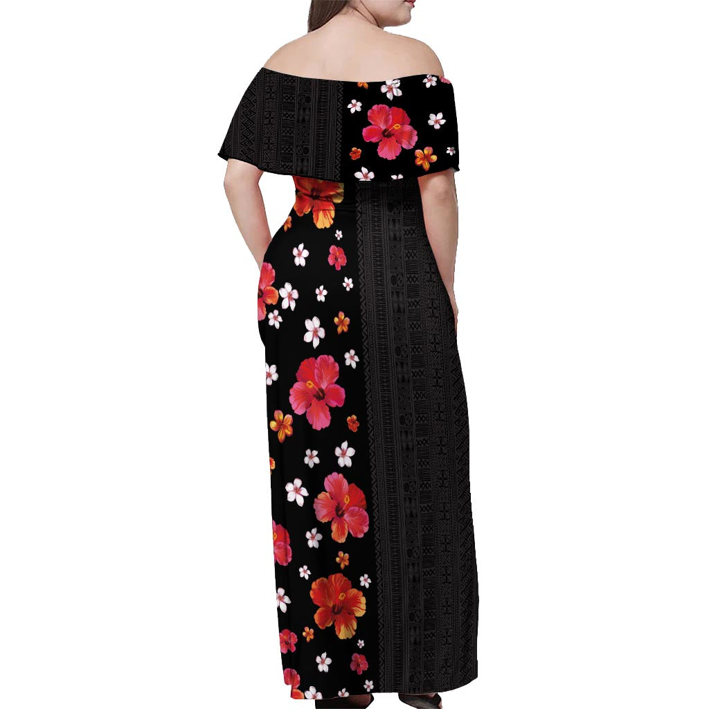 Hawaii Hibiscus and Plumeria Flowers Off Shoulder Maxi Dress Tapa Tribal Pattern Half Style Colorful Mode