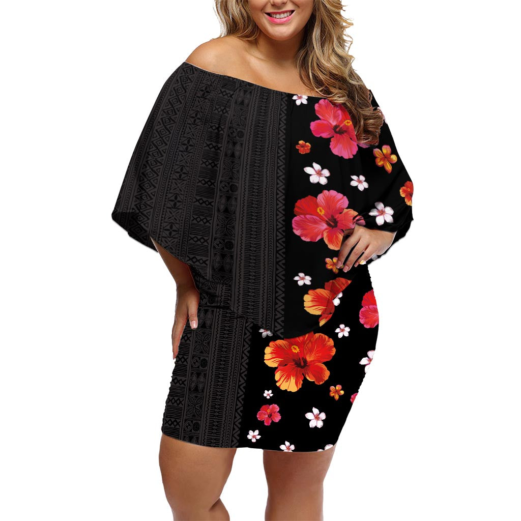 Hawaii Hibiscus and Plumeria Flowers Off Shoulder Short Dress Tapa Tribal Pattern Half Style Colorful Mode