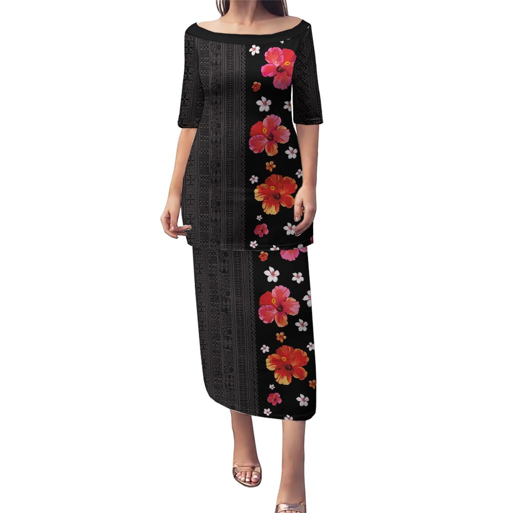 Hawaii Hibiscus and Plumeria Flowers Puletasi Tapa Tribal Pattern Half Style Colorful Mode