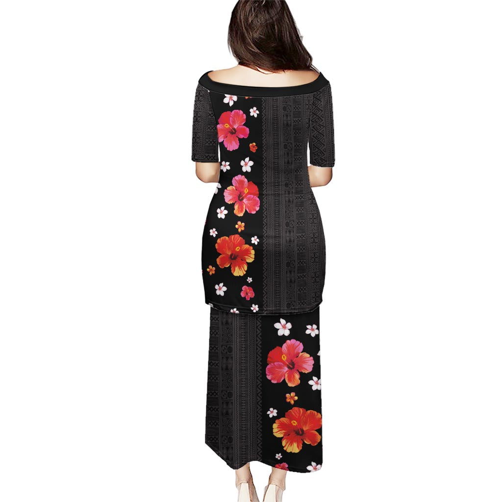 Hawaii Hibiscus and Plumeria Flowers Puletasi Tapa Tribal Pattern Half Style Colorful Mode
