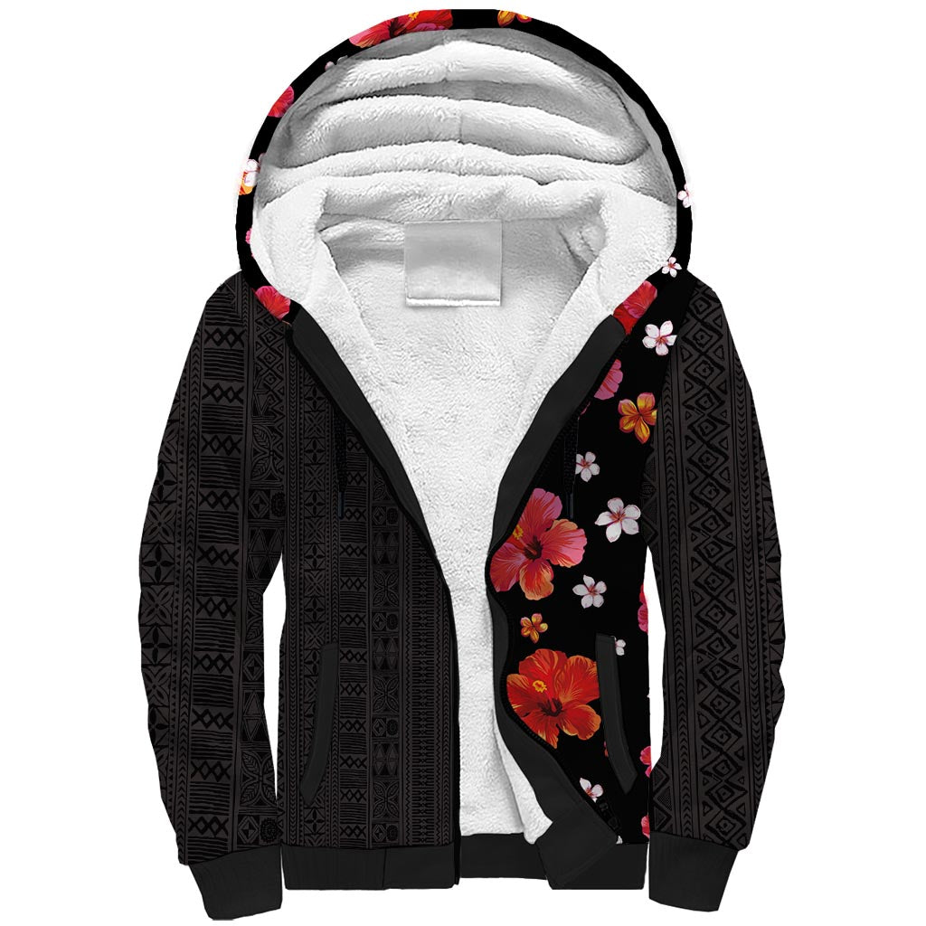 Hawaii Hibiscus and Plumeria Flowers Sherpa Hoodie Tapa Tribal Pattern Half Style Colorful Mode