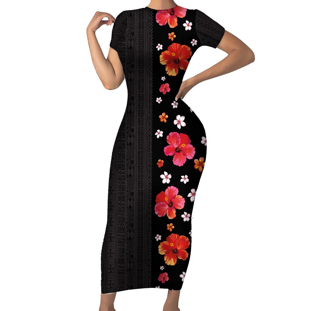 Hawaii Hibiscus and Plumeria Flowers Short Sleeve Bodycon Dress Tapa Tribal Pattern Half Style Colorful Mode