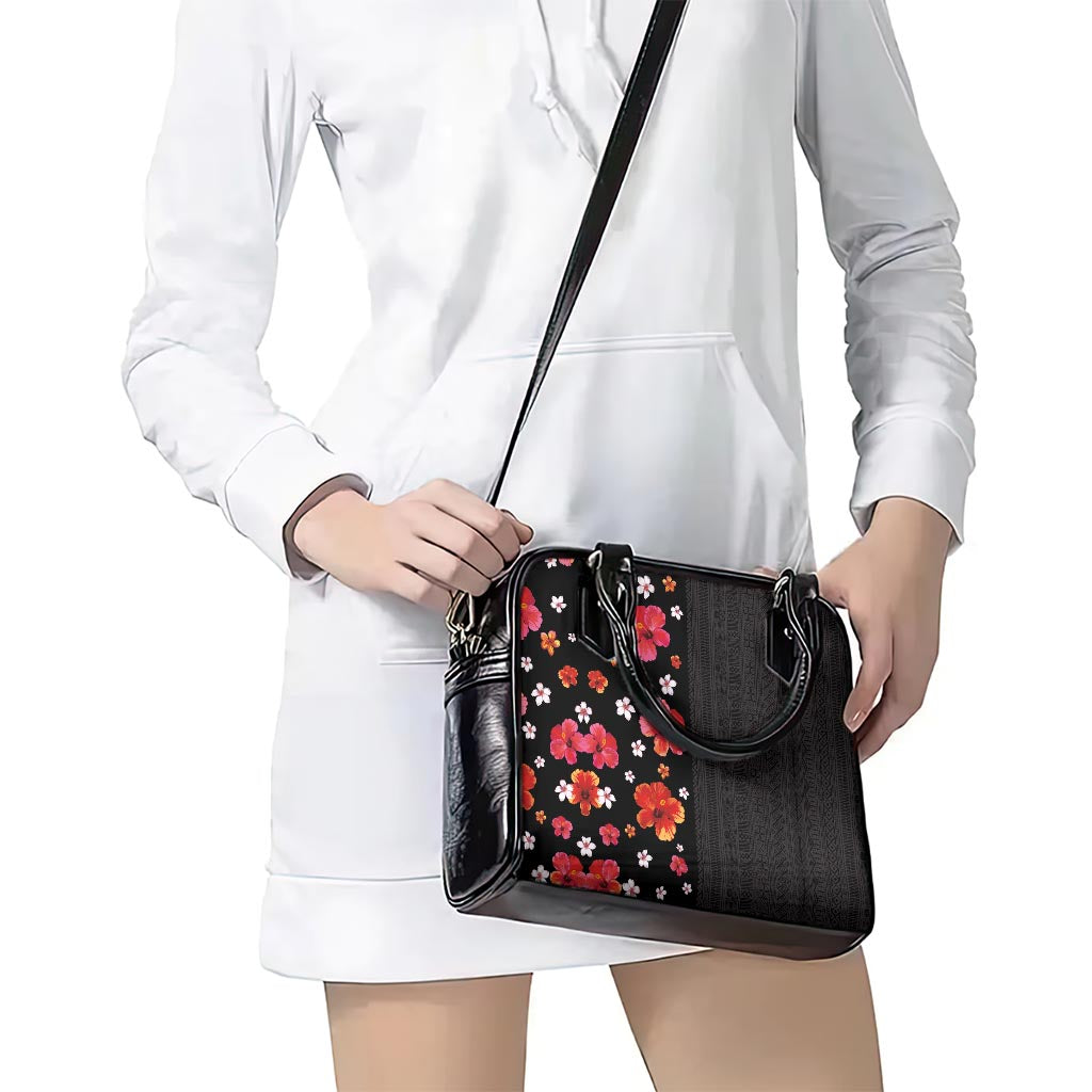 Hawaii Hibiscus and Plumeria Flowers Shoulder Handbag Tapa Tribal Pattern Half Style Colorful Mode
