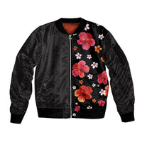 Hawaii Hibiscus and Plumeria Flowers Sleeve Zip Bomber Jacket Tapa Tribal Pattern Half Style Colorful Mode