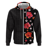 Hawaii Hibiscus and Plumeria Flowers Zip Hoodie Tapa Tribal Pattern Half Style Colorful Mode