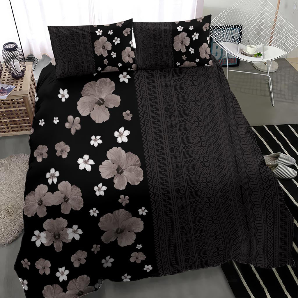 Hawaii Hibiscus and Plumeria Flowers Bedding Set Tapa Tribal Pattern Half Style Grayscale Mode