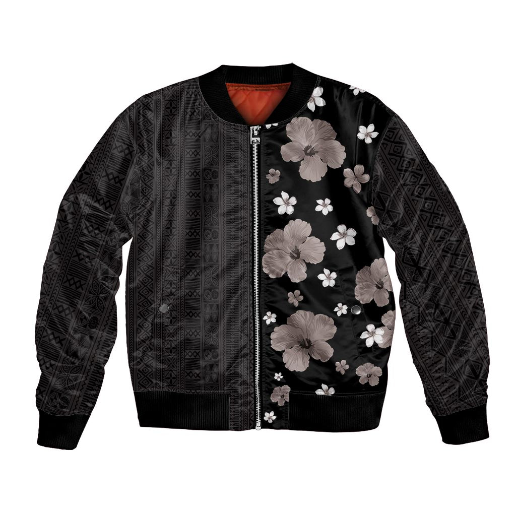 Hawaii Hibiscus and Plumeria Flowers Bomber Jacket Tapa Tribal Pattern Half Style Grayscale Mode