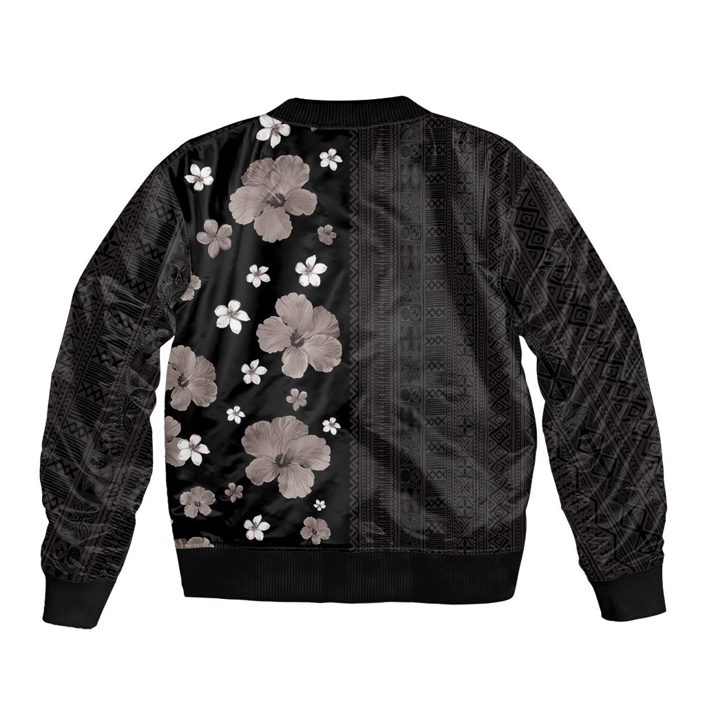 Hawaii Hibiscus and Plumeria Flowers Bomber Jacket Tapa Tribal Pattern Half Style Grayscale Mode
