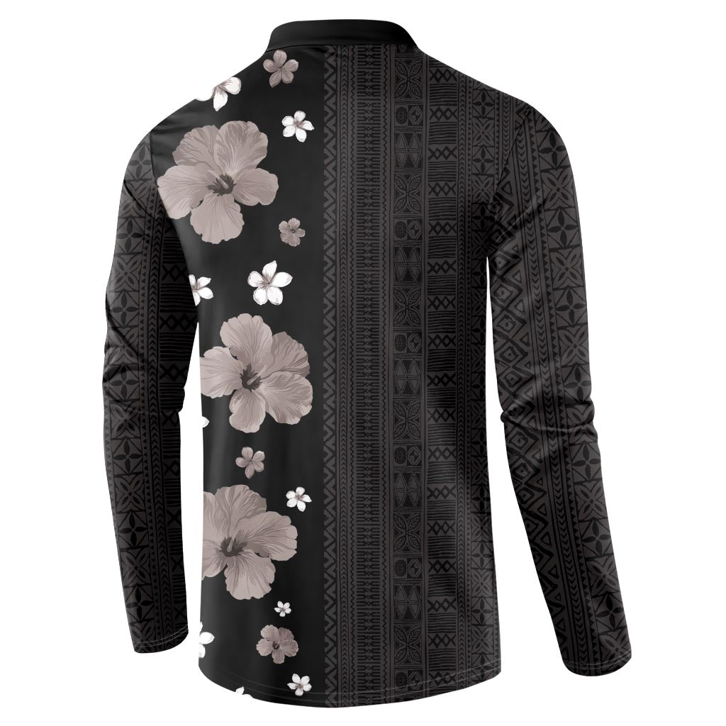 Hawaii Hibiscus and Plumeria Flowers Button Sweatshirt Tapa Tribal Pattern Half Style Grayscale Mode