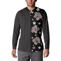 Hawaii Hibiscus and Plumeria Flowers Button Sweatshirt Tapa Tribal Pattern Half Style Grayscale Mode