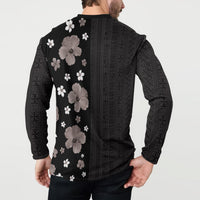 Hawaii Hibiscus and Plumeria Flowers Button Sweatshirt Tapa Tribal Pattern Half Style Grayscale Mode