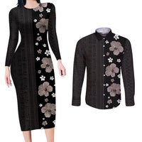 Hawaii Hibiscus and Plumeria Flowers Couples Matching Long Sleeve Bodycon Dress and Long Sleeve Button Shirt Tapa Tribal Pattern Half Style Grayscale Mode LT03 Black - Polynesian Pride