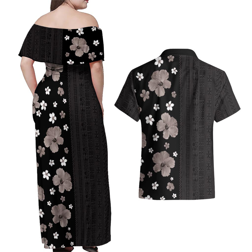 Hawaii Hibiscus and Plumeria Flowers Couples Matching Off Shoulder Maxi Dress and Hawaiian Shirt Tapa Tribal Pattern Half Style Grayscale Mode