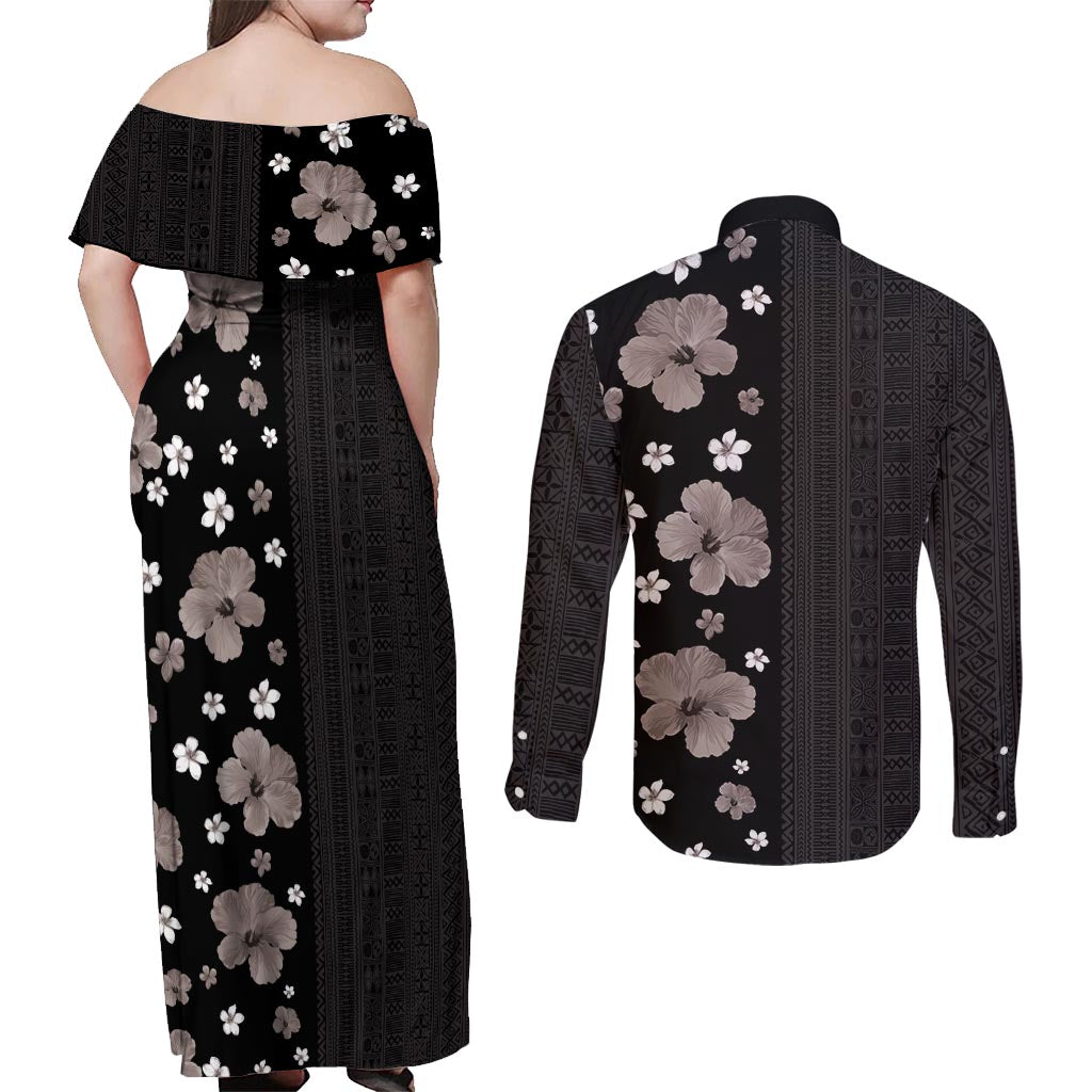 Hawaii Hibiscus and Plumeria Flowers Couples Matching Off Shoulder Maxi Dress and Long Sleeve Button Shirt Tapa Tribal Pattern Half Style Grayscale Mode LT03 - Polynesian Pride