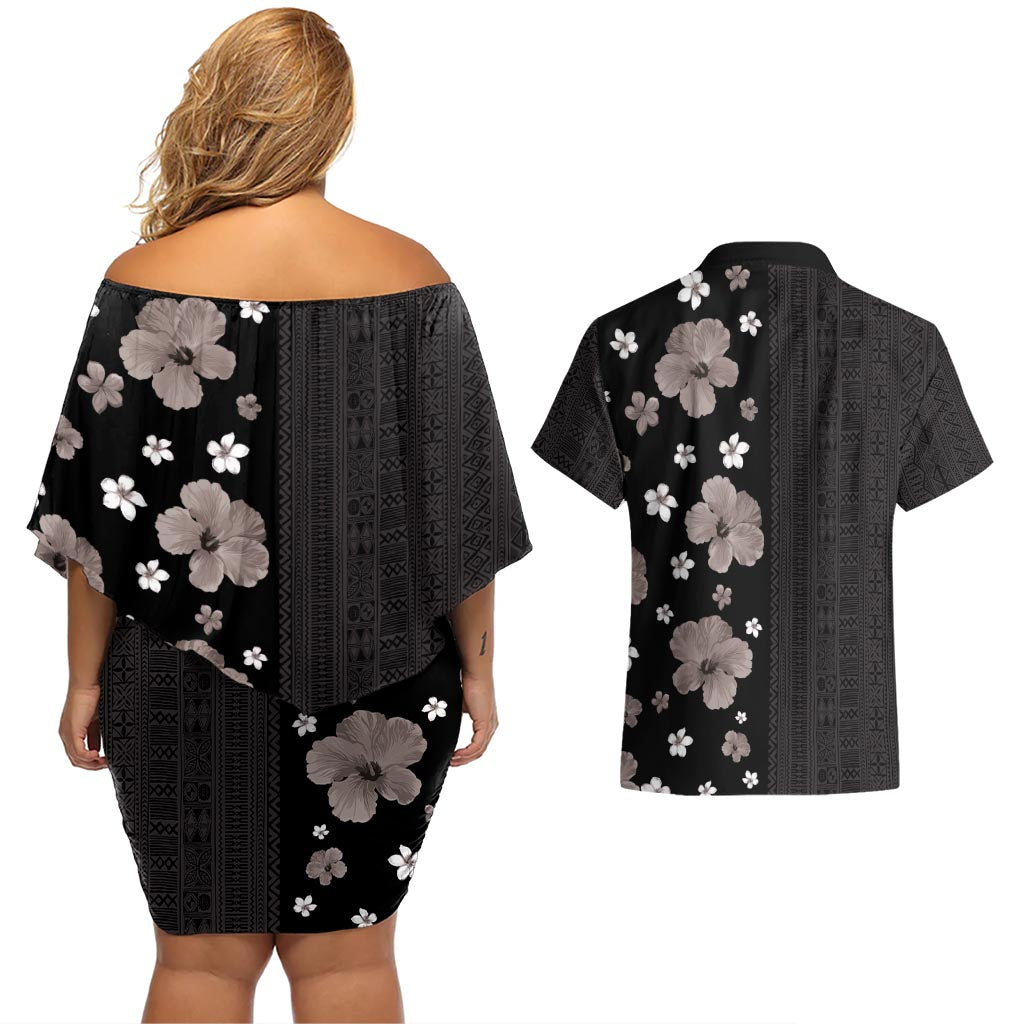 Hawaii Hibiscus and Plumeria Flowers Couples Matching Off Shoulder Short Dress and Hawaiian Shirt Tapa Tribal Pattern Half Style Grayscale Mode LT03 - Polynesian Pride