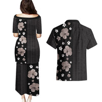 Hawaii Hibiscus and Plumeria Flowers Couples Matching Puletasi and Hawaiian Shirt Tapa Tribal Pattern Half Style Grayscale Mode LT03 - Polynesian Pride