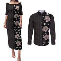Hawaii Hibiscus and Plumeria Flowers Couples Matching Puletasi and Long Sleeve Button Shirt Tapa Tribal Pattern Half Style Grayscale Mode LT03 Black - Polynesian Pride