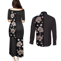 Hawaii Hibiscus and Plumeria Flowers Couples Matching Puletasi and Long Sleeve Button Shirt Tapa Tribal Pattern Half Style Grayscale Mode LT03 - Polynesian Pride