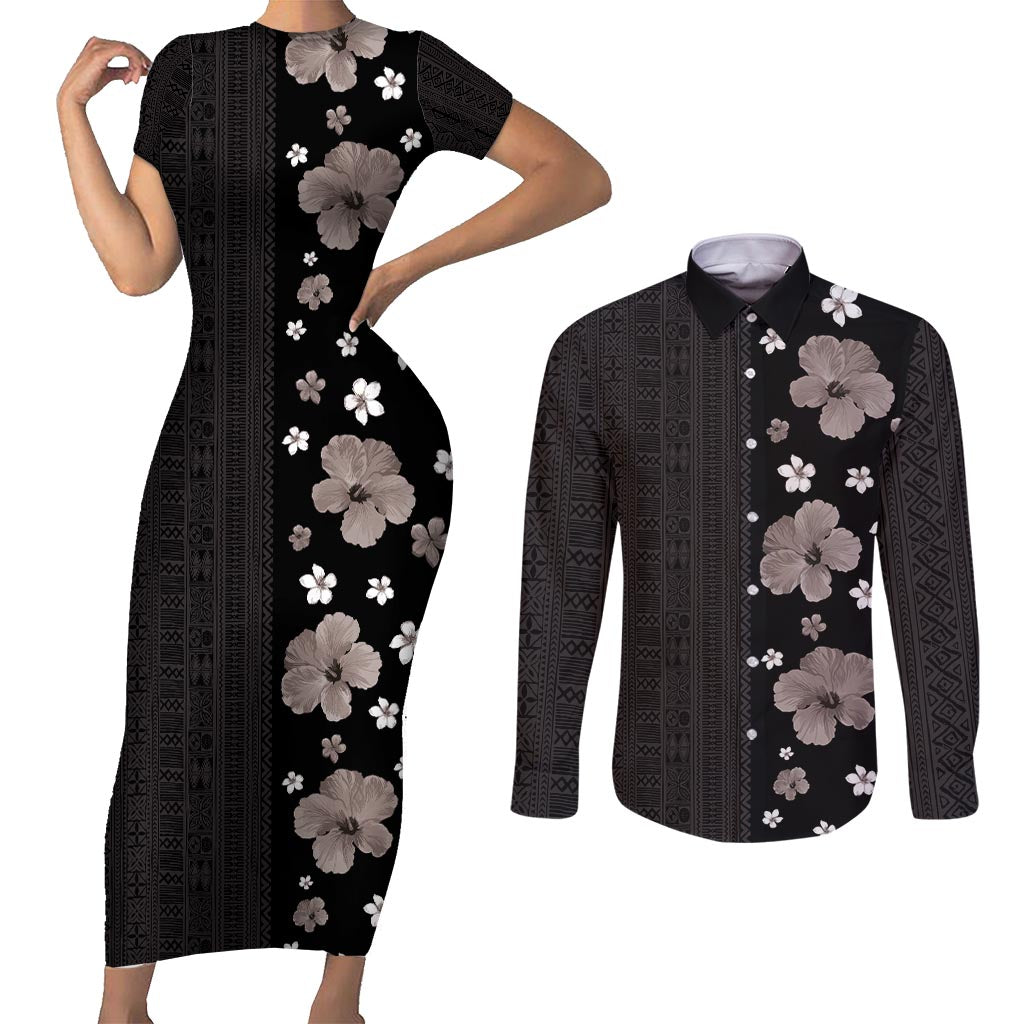 Hawaii Hibiscus and Plumeria Flowers Couples Matching Short Sleeve Bodycon Dress and Long Sleeve Button Shirt Tapa Tribal Pattern Half Style Grayscale Mode