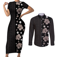 Hawaii Hibiscus and Plumeria Flowers Couples Matching Short Sleeve Bodycon Dress and Long Sleeve Button Shirt Tapa Tribal Pattern Half Style Grayscale Mode LT03 Black - Polynesian Pride