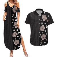 Hawaii Hibiscus and Plumeria Flowers Couples Matching Summer Maxi Dress and Hawaiian Shirt Tapa Tribal Pattern Half Style Grayscale Mode LT03 Black - Polynesian Pride