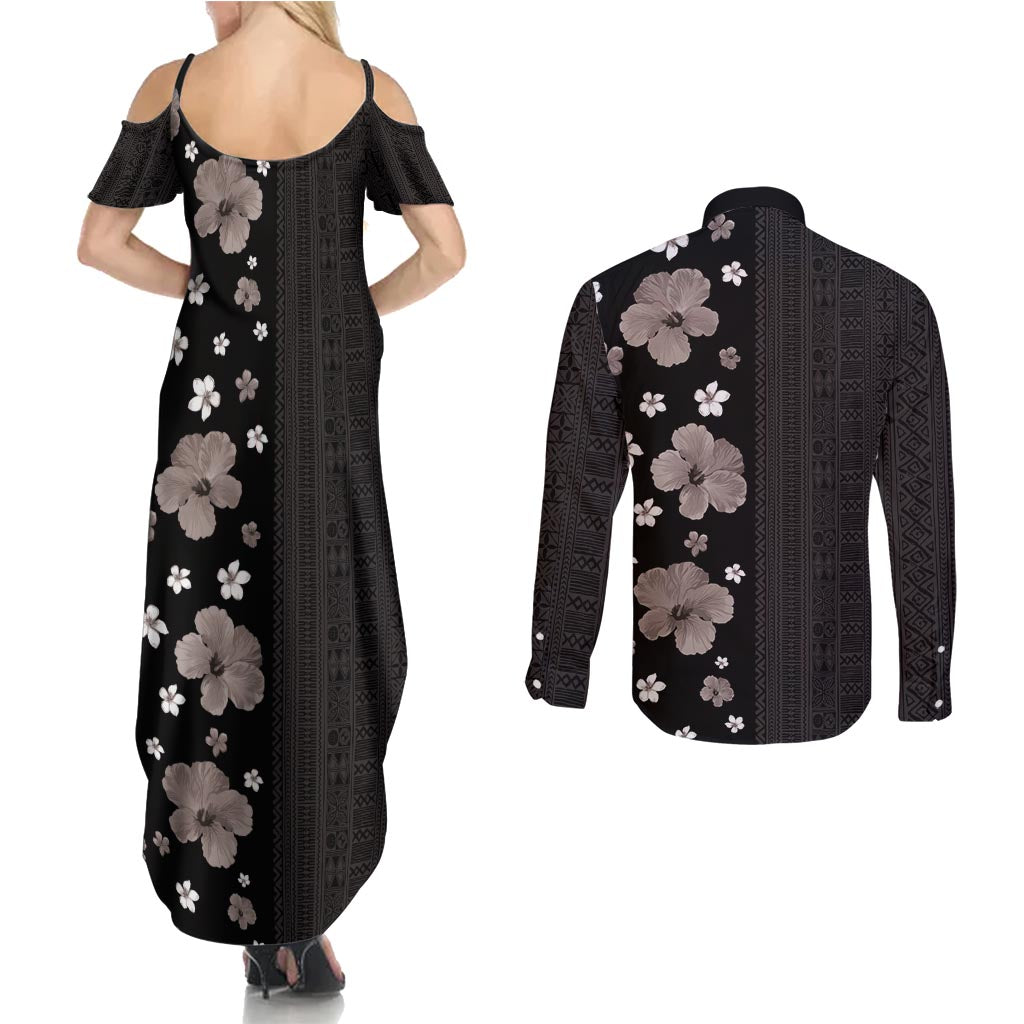 Hawaii Hibiscus and Plumeria Flowers Couples Matching Summer Maxi Dress and Long Sleeve Button Shirt Tapa Tribal Pattern Half Style Grayscale Mode LT03 - Polynesian Pride