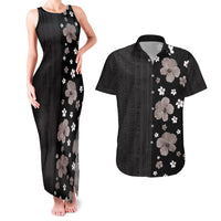 Hawaii Hibiscus and Plumeria Flowers Couples Matching Tank Maxi Dress and Hawaiian Shirt Tapa Tribal Pattern Half Style Grayscale Mode LT03 Black - Polynesian Pride