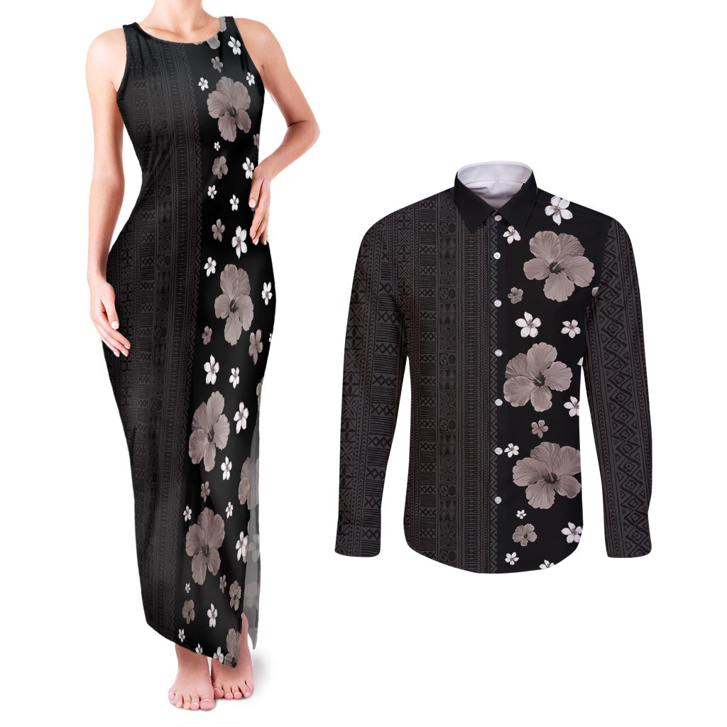 Hawaii Hibiscus and Plumeria Flowers Couples Matching Tank Maxi Dress and Long Sleeve Button Shirt Tapa Tribal Pattern Half Style Grayscale Mode LT03 Black - Polynesian Pride