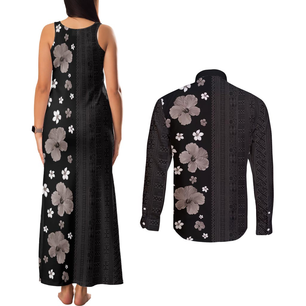 Hawaii Hibiscus and Plumeria Flowers Couples Matching Tank Maxi Dress and Long Sleeve Button Shirt Tapa Tribal Pattern Half Style Grayscale Mode LT03 - Polynesian Pride