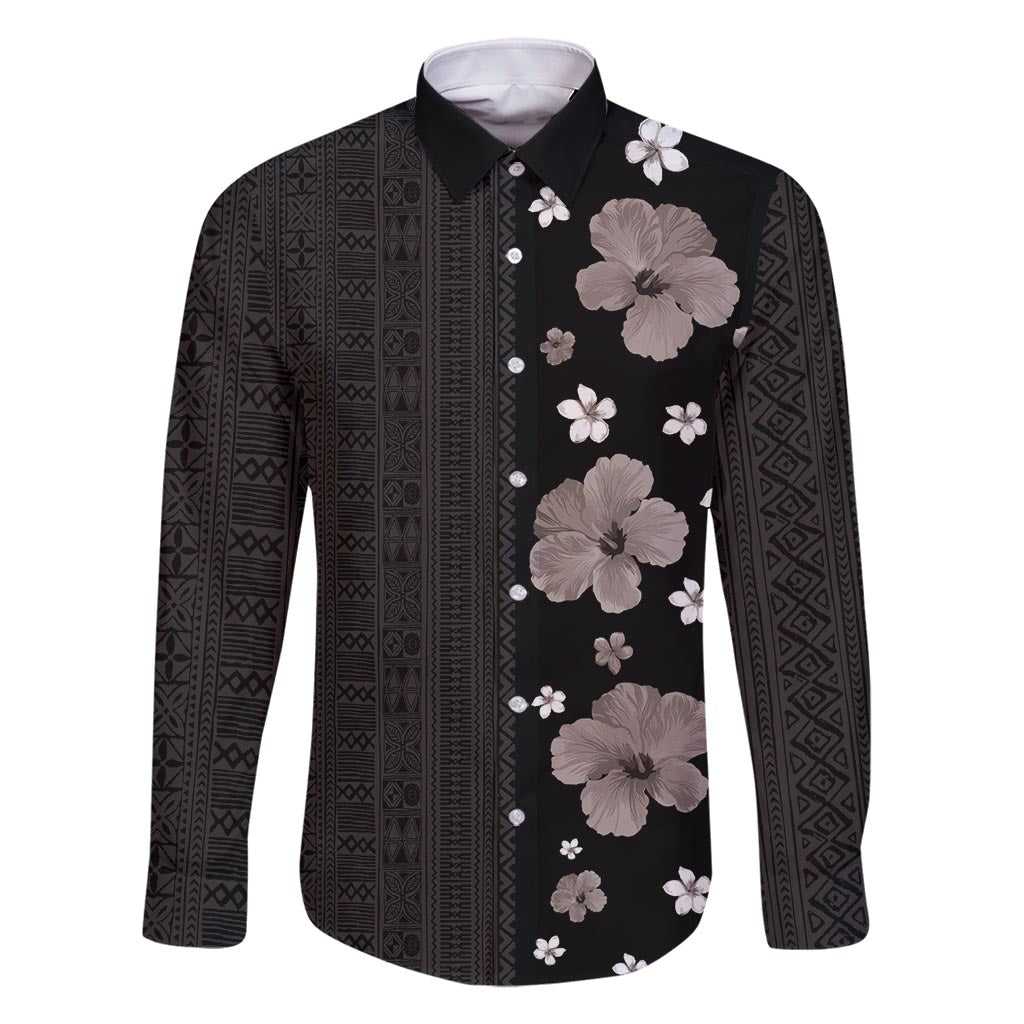 Hawaii Hibiscus and Plumeria Flowers Family Matching Long Sleeve Bodycon Dress and Hawaiian Shirt Tapa Tribal Pattern Half Style Grayscale Mode