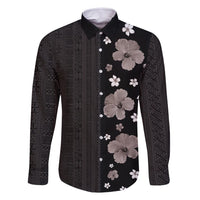 Hawaii Hibiscus and Plumeria Flowers Family Matching Long Sleeve Bodycon Dress and Hawaiian Shirt Tapa Tribal Pattern Half Style Grayscale Mode