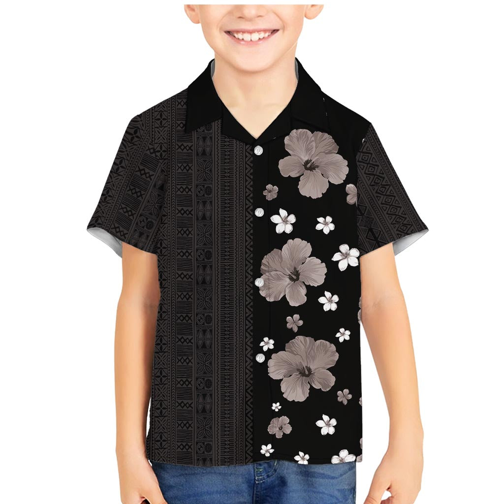 Hawaii Hibiscus and Plumeria Flowers Family Matching Mermaid Dress and Hawaiian Shirt Tapa Tribal Pattern Half Style Grayscale Mode