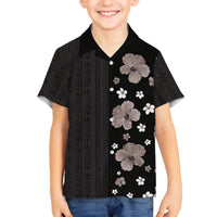 Hawaii Hibiscus and Plumeria Flowers Family Matching Puletasi and Hawaiian Shirt Tapa Tribal Pattern Half Style Grayscale Mode