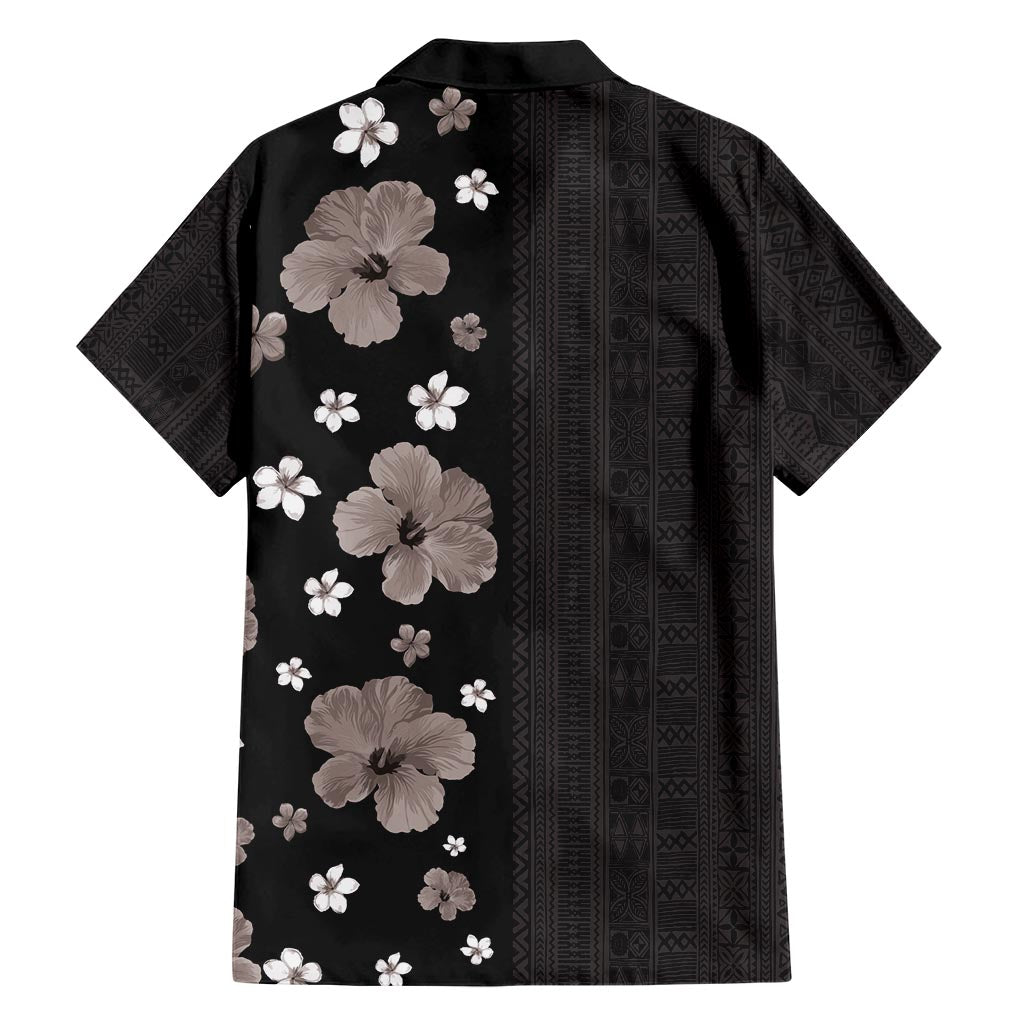 Hawaii Hibiscus and Plumeria Flowers Family Matching Short Sleeve Bodycon Dress and Hawaiian Shirt Tapa Tribal Pattern Half Style Grayscale Mode