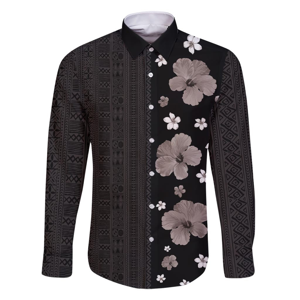 Hawaii Hibiscus and Plumeria Flowers Family Matching Short Sleeve Bodycon Dress and Hawaiian Shirt Tapa Tribal Pattern Half Style Grayscale Mode