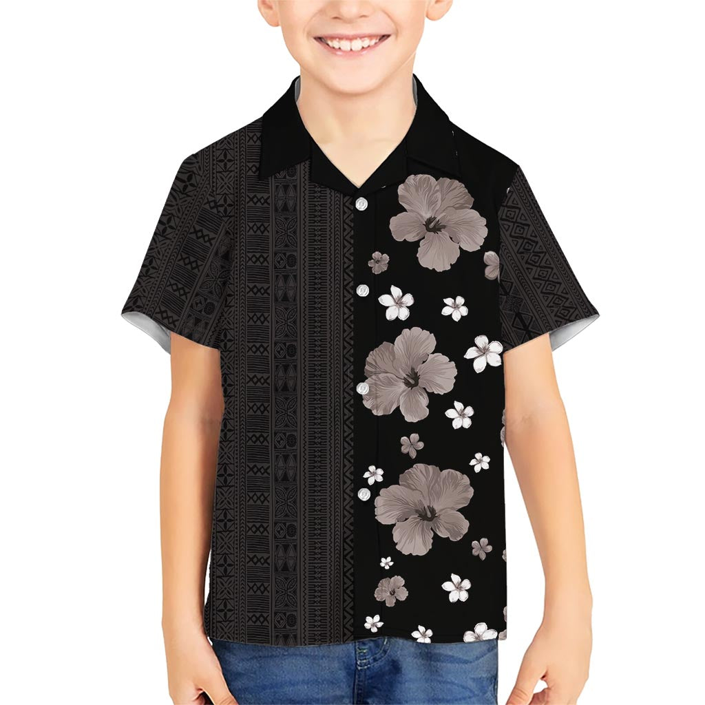 Hawaii Hibiscus and Plumeria Flowers Hawaiian Shirt Tapa Tribal Pattern Half Style Grayscale Mode