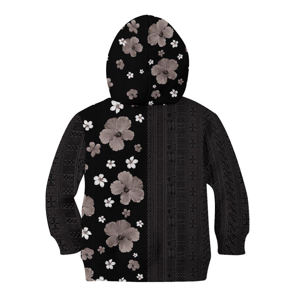 Hawaii Hibiscus and Plumeria Flowers Kid Hoodie Tapa Tribal Pattern Half Style Grayscale Mode