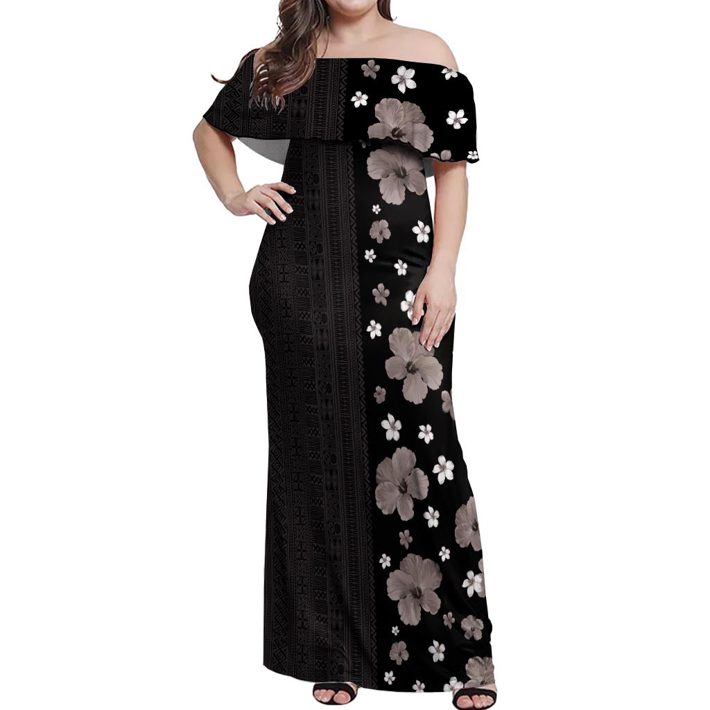 Hawaii Hibiscus and Plumeria Flowers Off Shoulder Maxi Dress Tapa Tribal Pattern Half Style Grayscale Mode