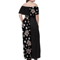 Hawaii Hibiscus and Plumeria Flowers Off Shoulder Maxi Dress Tapa Tribal Pattern Half Style Grayscale Mode