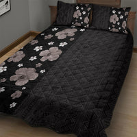 Hawaii Hibiscus and Plumeria Flowers Quilt Bed Set Tapa Tribal Pattern Half Style Grayscale Mode