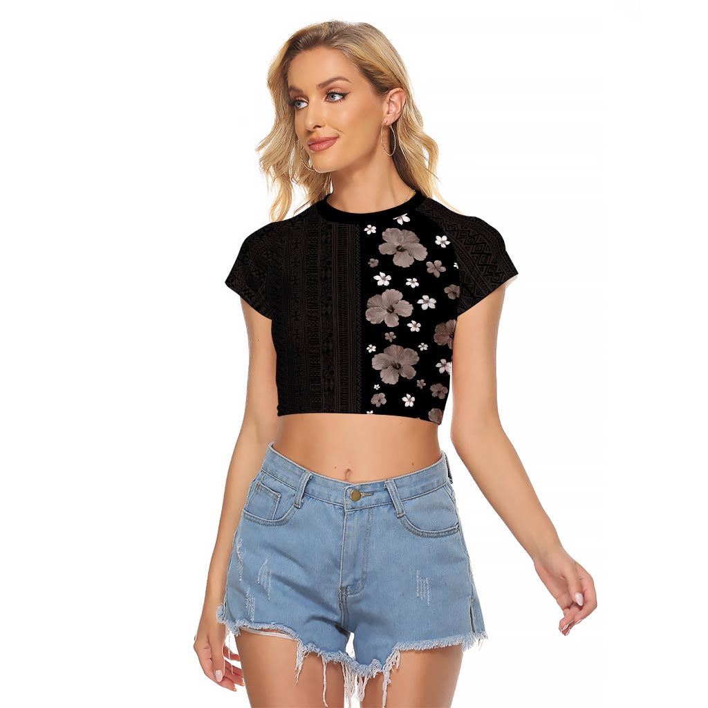 Hawaii Hibiscus and Plumeria Flowers Raglan Cropped T Shirt Tapa Tribal Pattern Half Style Grayscale Mode