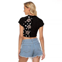 Hawaii Hibiscus and Plumeria Flowers Raglan Cropped T Shirt Tapa Tribal Pattern Half Style Grayscale Mode
