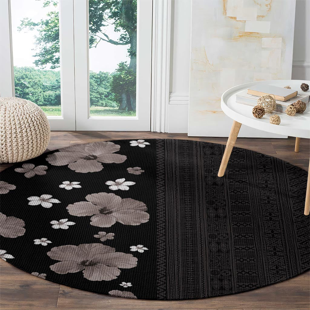 Hawaii Hibiscus and Plumeria Flowers Round Carpet Tapa Tribal Pattern Half Style Grayscale Mode