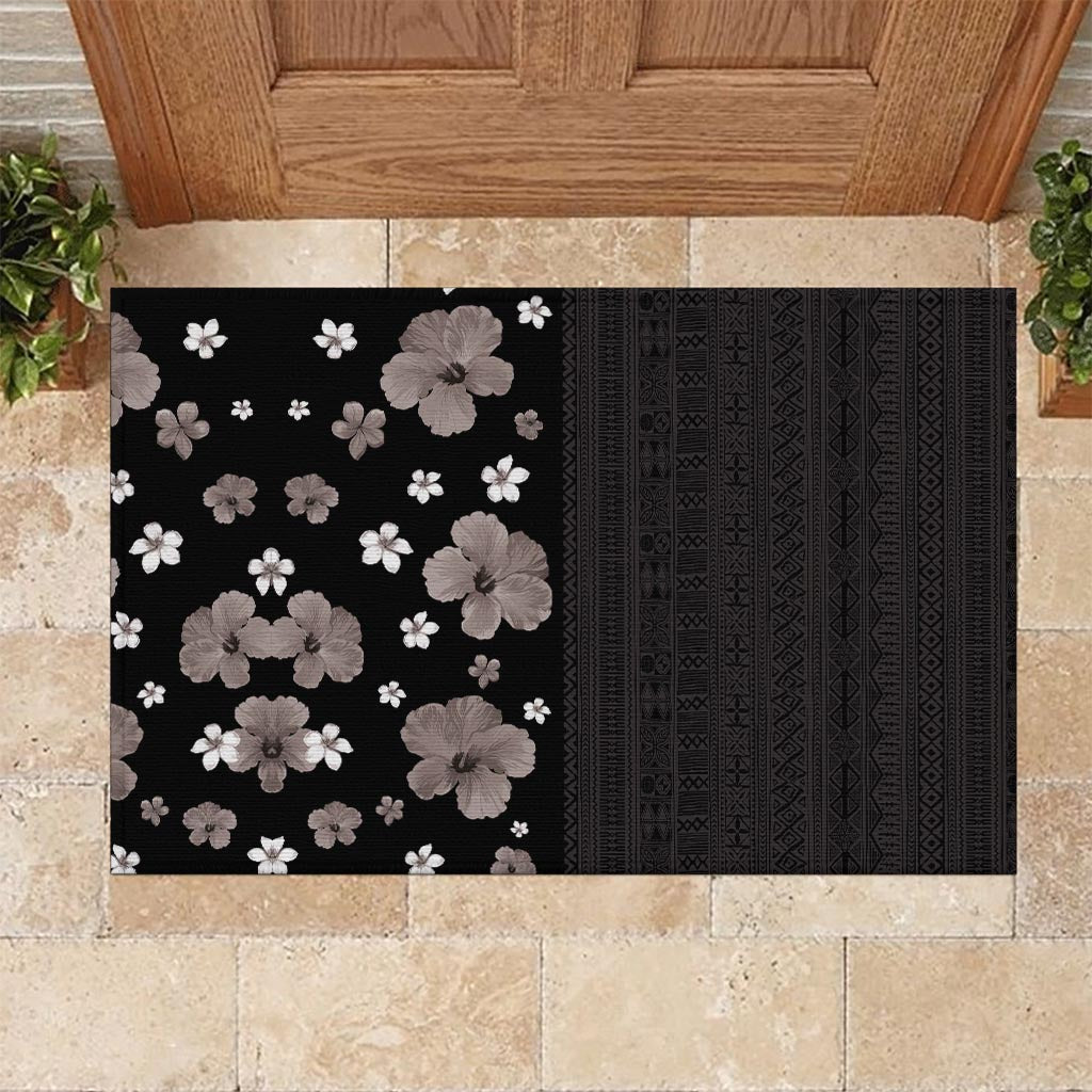 Hawaii Hibiscus and Plumeria Flowers Rubber Doormat Tapa Tribal Pattern Half Style Grayscale Mode