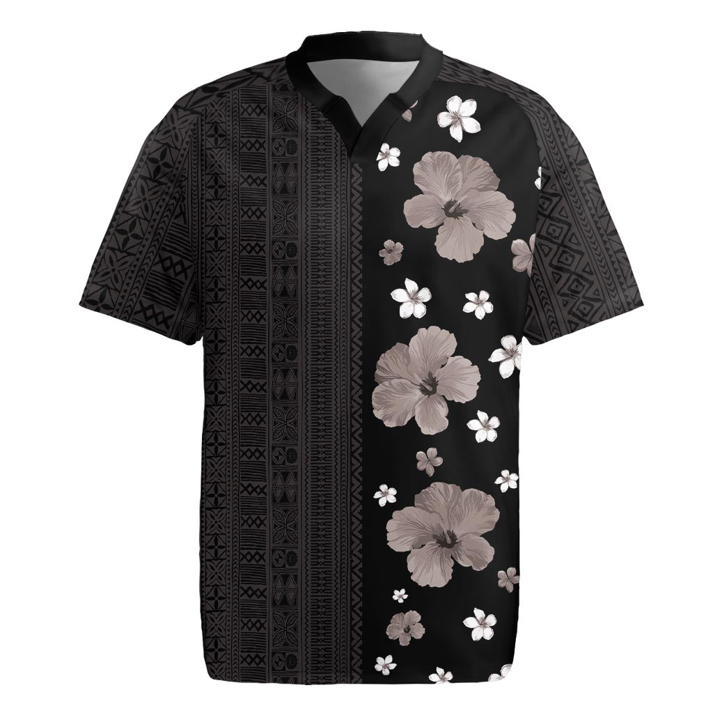 Hawaii Hibiscus and Plumeria Flowers Rugby Jersey Tapa Tribal Pattern Half Style Grayscale Mode