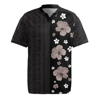 Hawaii Hibiscus and Plumeria Flowers Rugby Jersey Tapa Tribal Pattern Half Style Grayscale Mode