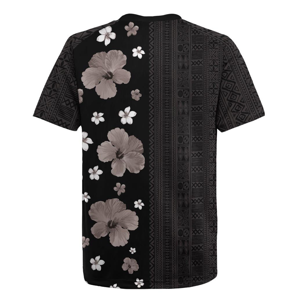 Hawaii Hibiscus and Plumeria Flowers Rugby Jersey Tapa Tribal Pattern Half Style Grayscale Mode